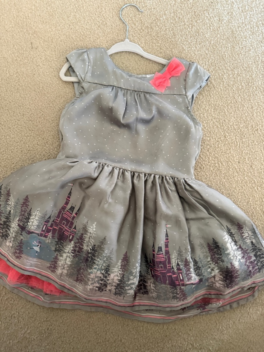 Cherokee Gray Castle Print Dress with Pink Bow Accent